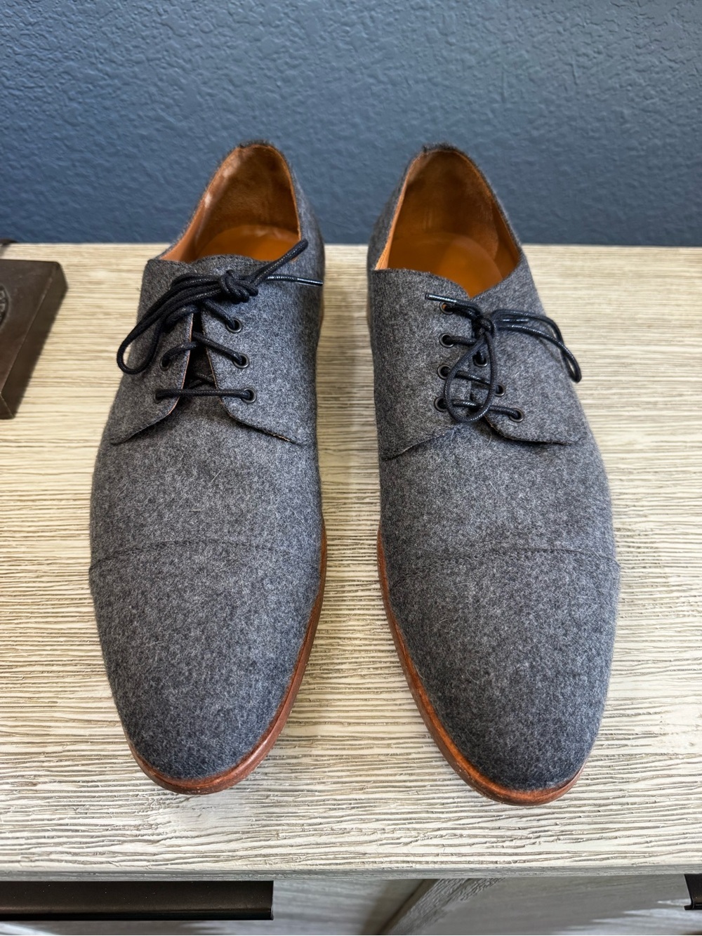 Taft Gray Wool Derby Shoes with Brown Sole